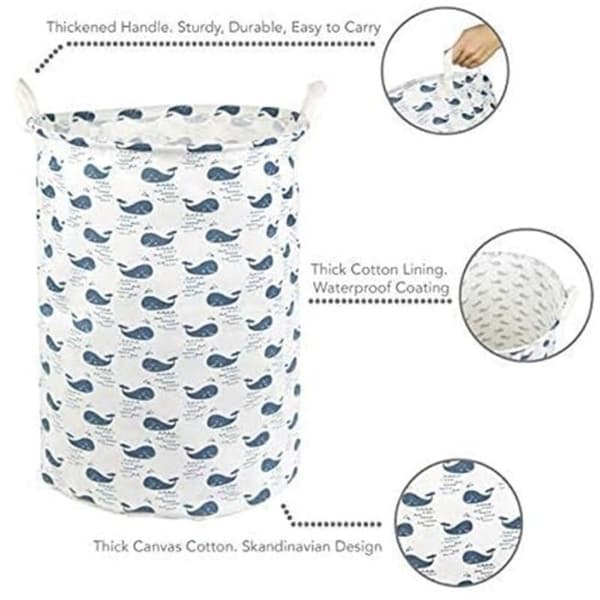 Whale Pattern. Mesh Laundry Hamper and Bag - Foldable Storage Container - Dirty Clothes Basket with Handles - Waterproof Interior - Cute Design