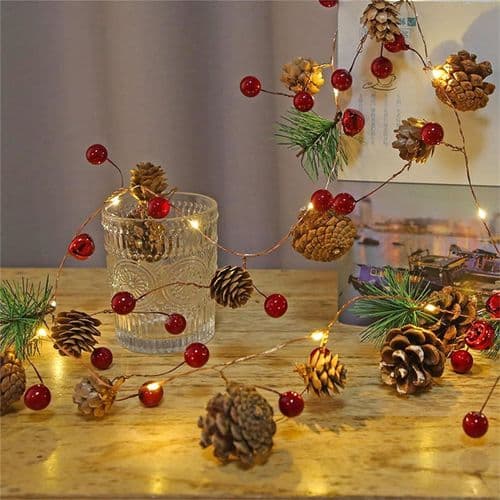 LED Christmas Garland: Festive String Lights with Pine Cones and Berries