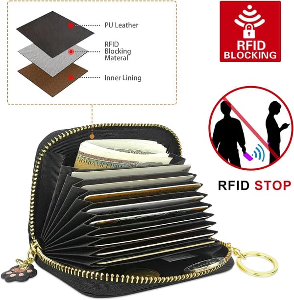 Søt kortholder for kvinner, liten glidelås RFID-kortholder i skinn