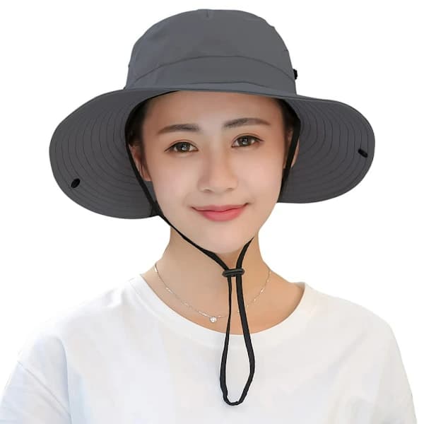 Women's Sun Hat UV Foldable Mesh Wide Brim Beach Adjustable Fishing Hat, Grey grey 34*34*10cm