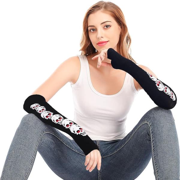 Strikkede lange fingerløse skjeletthansker. Unisex Halloween Punk Arm