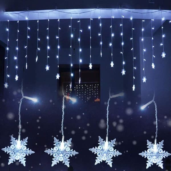 Snøfnugg gardinlys, 3,5m, 96 LED-lys, 8 lysmoduser