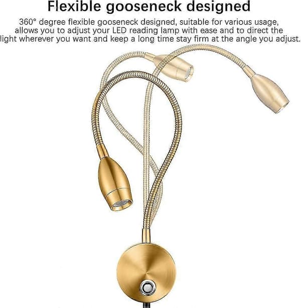 Dæmpbare LED-læselamper, vægmonterede læselamper til sengegavl, fleksibel svanehals med touch-dæmper, plug-in kablet, 3 farvetilstande, 2-pak
