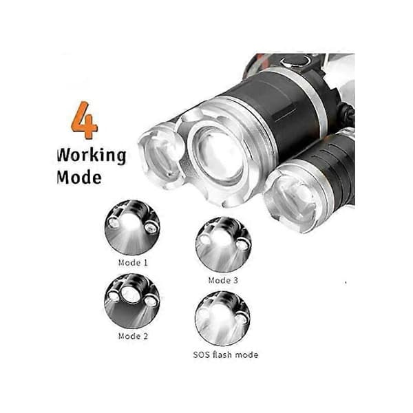 3-LED-otsalamppu, ladattava, 9000 lm, ulkoiluun