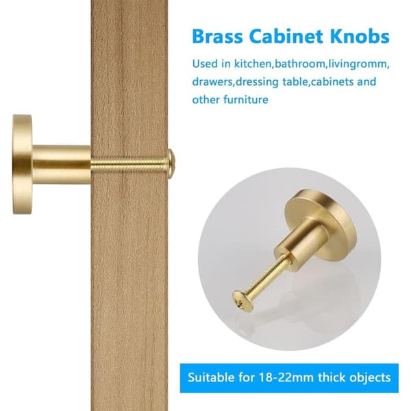 6 Solid Brass Round Cabinet Knobs, Gold Drawer Pulls with Screws, Compatible with Furniture and Cabinets