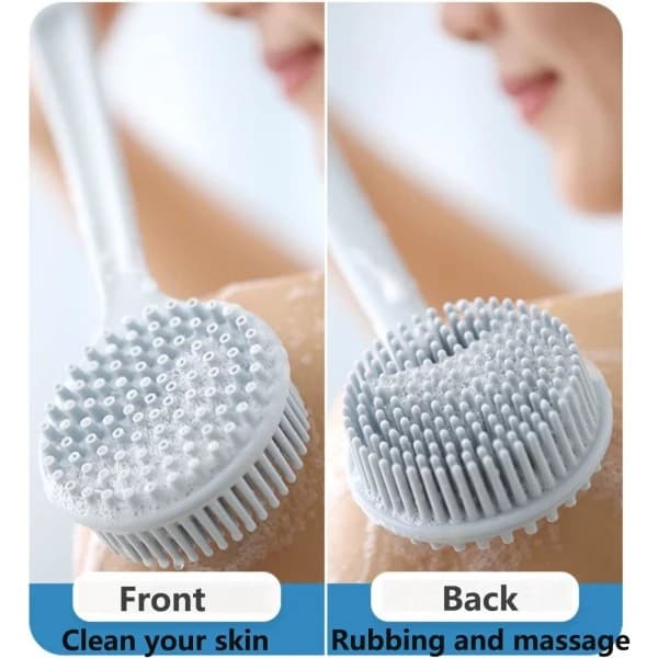 Silicone Back Scrubber with Long Handle for Shower, Non-Slip Handheld Shower Body Brush Double-Sided with Soft Bristles