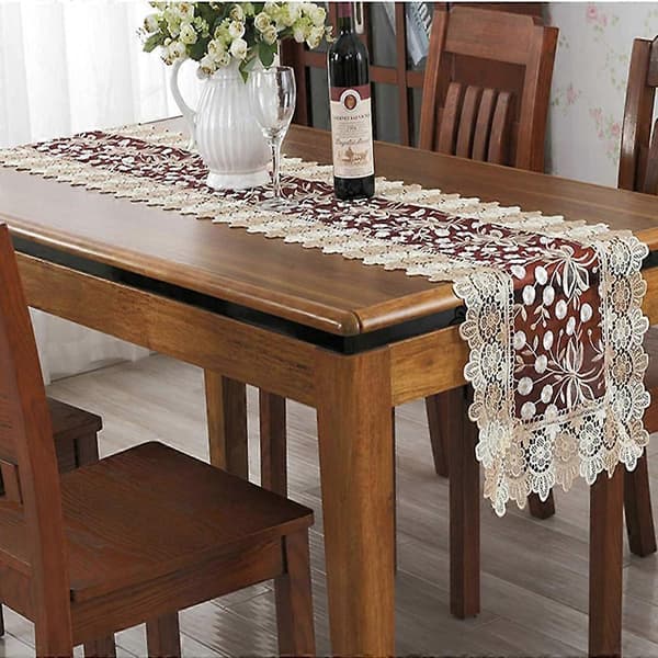 Bordløper med brodert blomstermønster i blonder, rektangulær bordløper i polyester for hjemmets spisestue, sminkeborddekorasjon