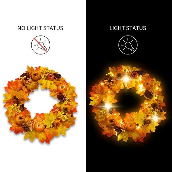Krans Halloween Efterår 45 cm med LED – Kunstige Græskar, Ahornblade & Kogler, Dør- og Havedekoration