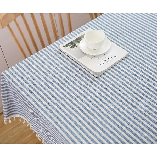 Cotton and Linen Tablecloth with Stripes and Tassels, Rectangular, Dustproof Tablecloth for Kitchen, Dining Table, Table Decoration (140 cm x 180 cm, Blue)