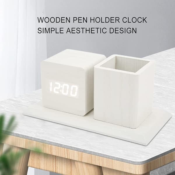 Creative LED Alarm Clock with Wooden Pen Holder: Modern Design Electronic Clock