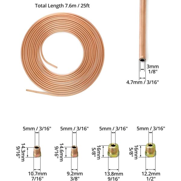 7,6 m Bromsrör av Koppar, Bromsrör, OD 4,76 mm, ID 3,3 mm med 16 Muttrar