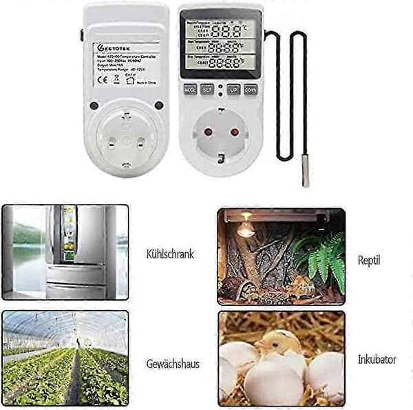 1 stk 230 V temperaturkontrolstik med sensor, digital termostatstik med timer, termostatstik med timerfunktion til drivhuse, akvarier, H