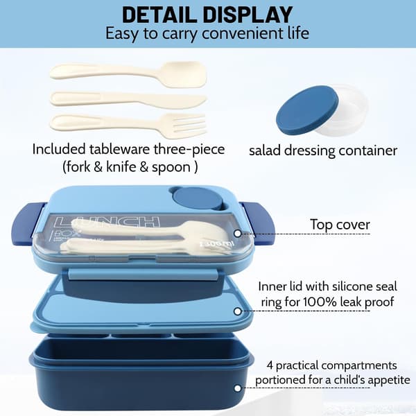 Bento Lunch Box for Adults, Leak-Proof Lunch Box with Sauce Container, Fork and Spoon