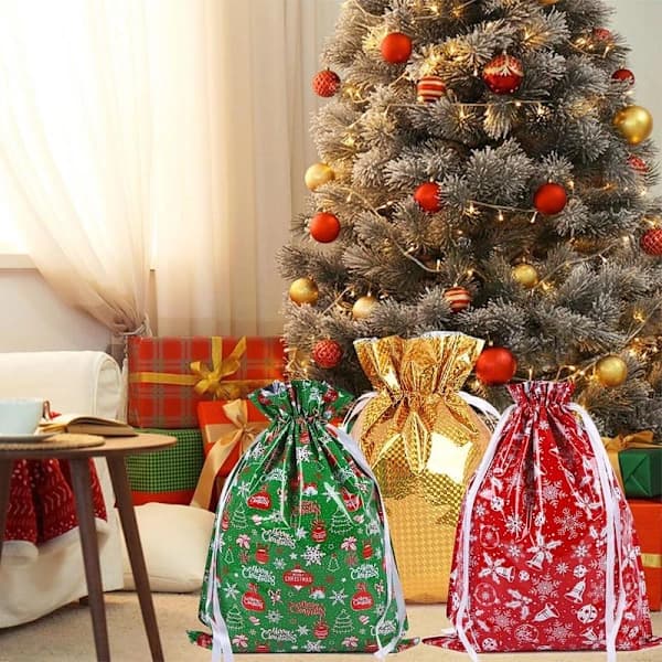 43 * 58 cm Stor Julklappspåse med Dragsko, 3-pack Julklappspåsar med Snöre för Julfest