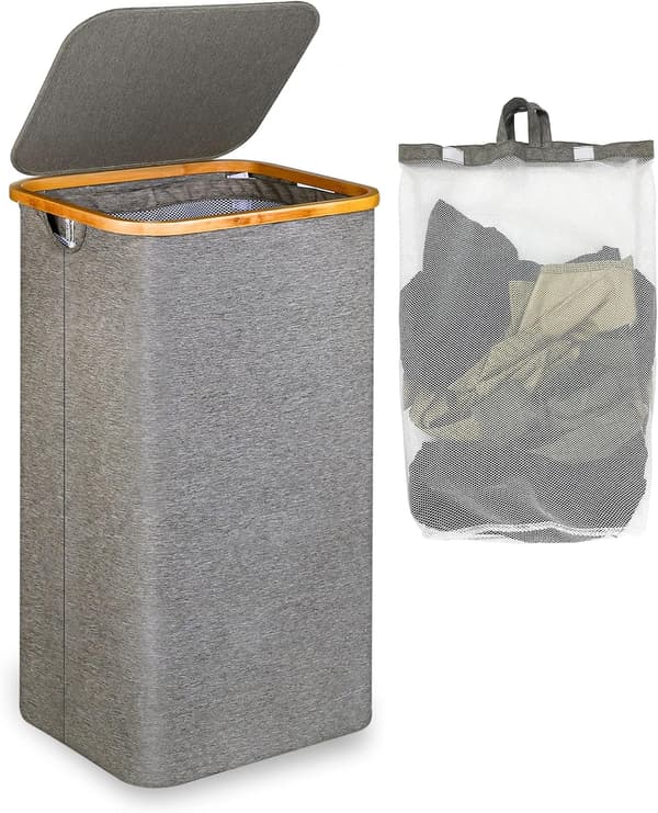 110 liters laundry basket with mesh pocket and lid (grey), bamboo handle, XXL foldable laundry basket