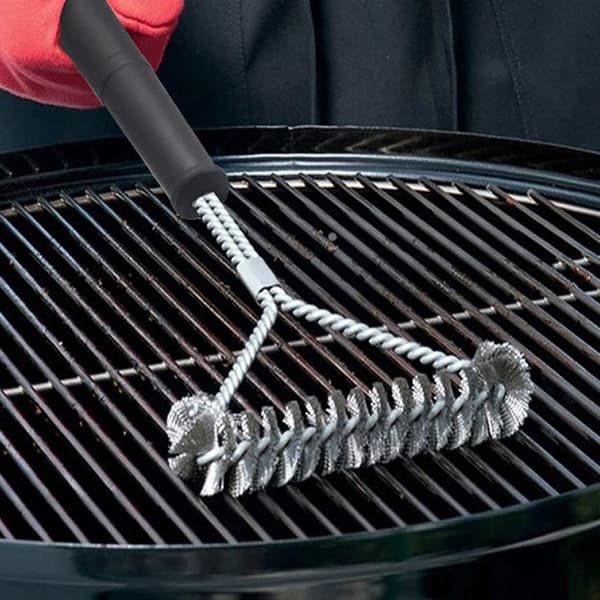 Grillbørste, tresidet grillbørste, 37,5 cm, sort/sølv