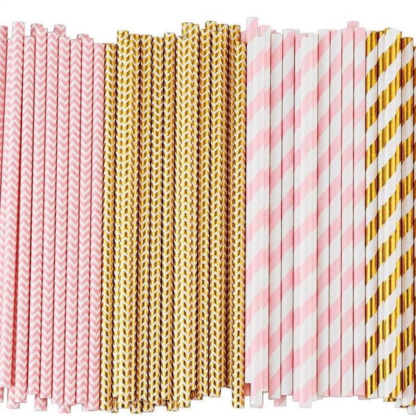 Biologiskt nedbrytbara papperssugrör, 100 rosa sugrör/guldfärgade sugrör