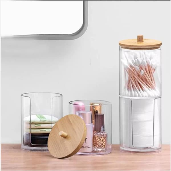 Stackable Acrylic Cotton Pad and Swab Holder with Bamboo Lid for Organizing Personal Bathroom Cleaning Supplies
