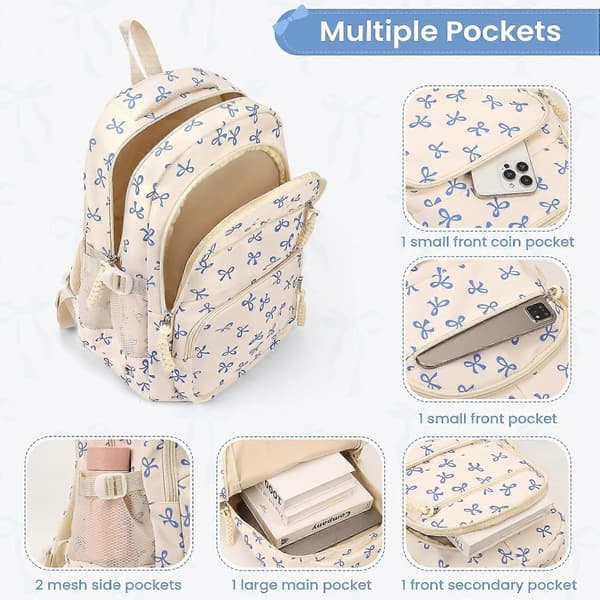 Coquette Backpack Set, Aesthetic Bow Backpack Daypack for Girls, Blue with Ribbon Bow A02 Bow Blue A02 Rosett Blå