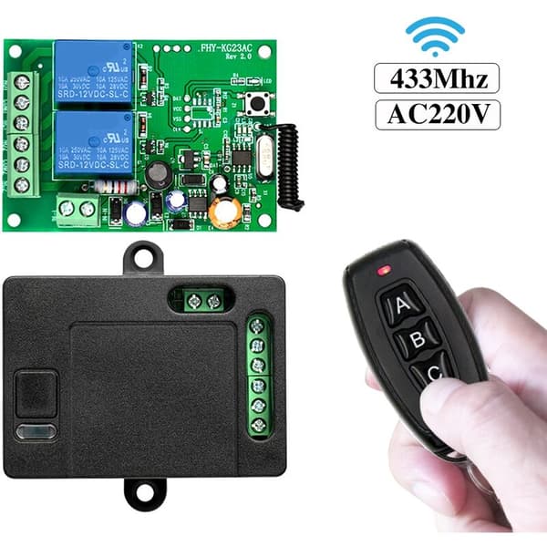 Fjernkontroll 433 Mhz AC220V 2CH Rf Relé Mottaker og Sender for Garasjeport og Grindmotorstyring