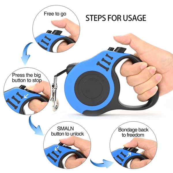 Retractable Dog Leash, Extendable with Non-Slip Handle & Adjustable Leash, 5m Nylon Tape, One-Hand Brake, Pause Lock (Blue)