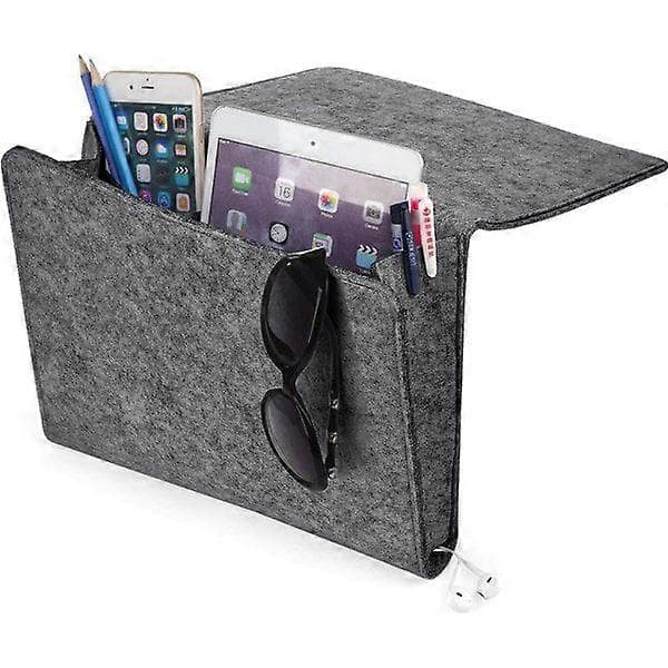 Thicker Bedside Caddy for Storage, Felt Bed Tray Home Sofa Desk Bed Tray Storage Organizer with 2 Small Pockets (Grey with Holes)