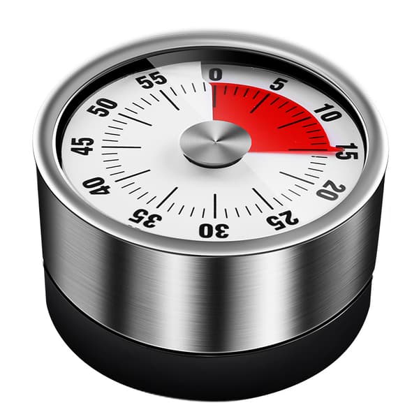 Mekanisk og magnetisk timer. Opptil 60 minutter. Alarmsignal når tiden har gått ut.