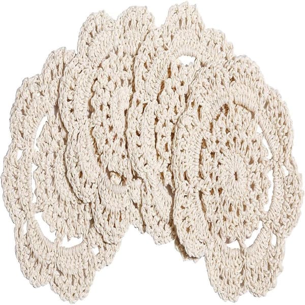 Sæt med 4 (Beige) Runde Hæklede Blonde Dækkeservietter Håndlavede, 10 cm
