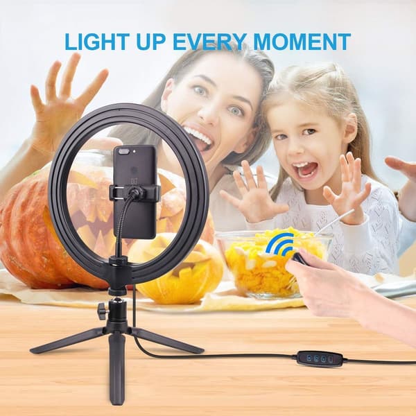 10-inch Selfie Ring Light with Tripod, Dimmable LED Desk Lamp, Camera Ring Light with KLB