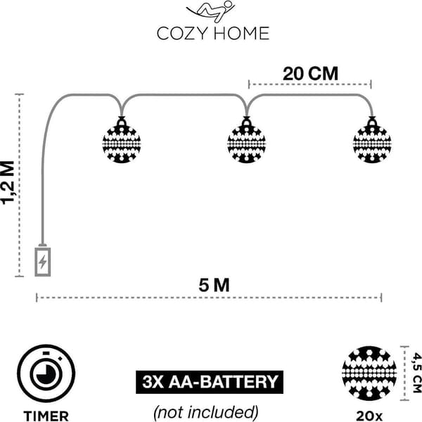 CozyHome Moroccan LED String Lights - 5 meters, with mains plug or battery KLB