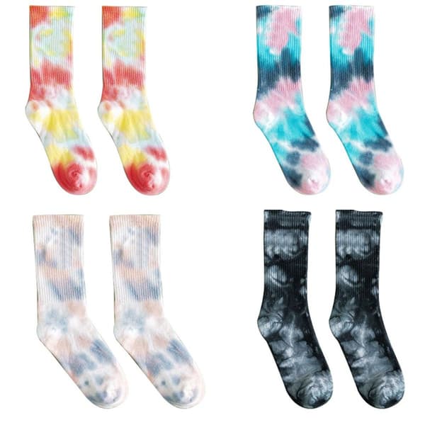 4 par flerfarvede tie-dye mørkeblå + blomstret rød + sort + lyserød KLB