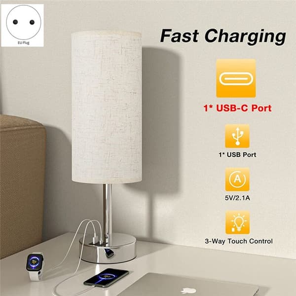 Sengelampe Touch Control Skrivebordslamper med USB-C USB-A Opladningsport USB-lampe Lampeskærm Studie EU-stik