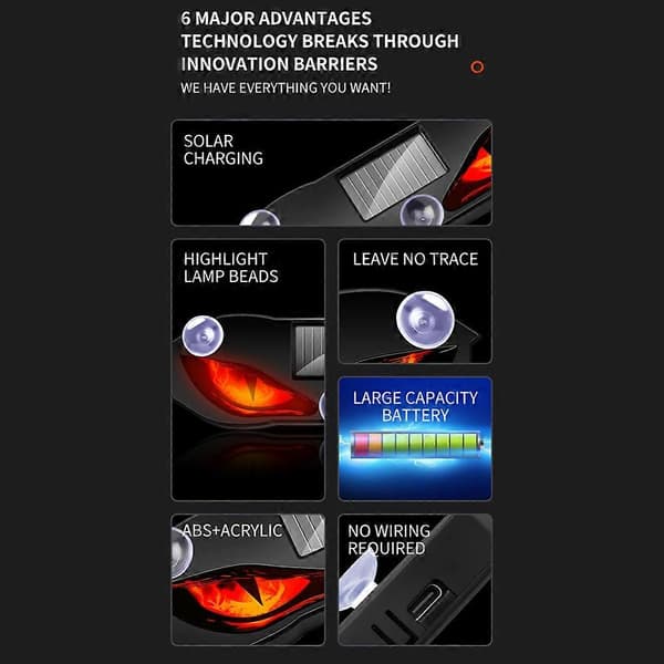 Solar Powered Wireless Demon Eye LED Warning Light Dynamic Ambient Car Interior Lighting