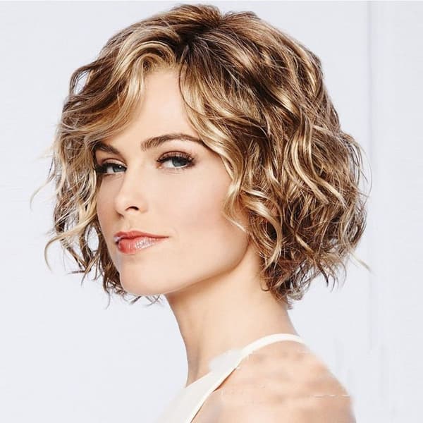 Women's Wig, Golden Brown, with Side Part, Curly