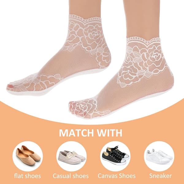 Plisserede blondestrømper til kvinder, kort netbomuld, sommertynde, en størrelse, hvid/grå/rosa/sort/beige, 5 par