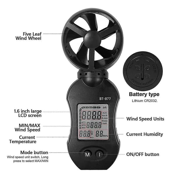Anemometer, med temperatur- och fuktighetsmätning, 0,3-30m/S Väderstationsanemometer Luftflöde