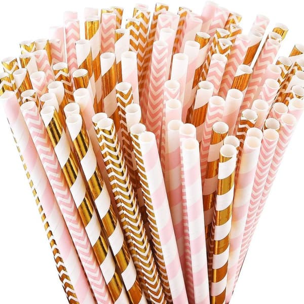 Biologiskt nedbrytbara papperssugrör, 100 rosa sugrör/guldfärgade sugrör