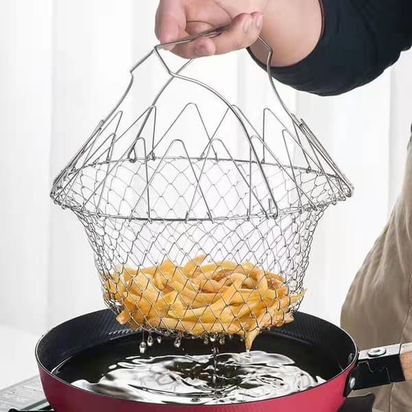 Fritøskurv - rustfritt stål - sammenleggbar - dørslag - sil - dørslagkurv - sammenleggbare siler - oval - silkurv