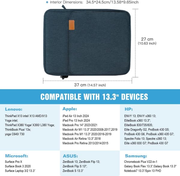 13,3\" Laptop Sleeve, Multi-Pocket Case with Handle for iPad Pro 12.9 2022-2020, Galaxy Tab S9+/S8+ 12.4\", Blue