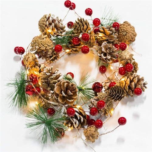 LED Christmas Garland: Festive String Lights with Pine Cones and Berries