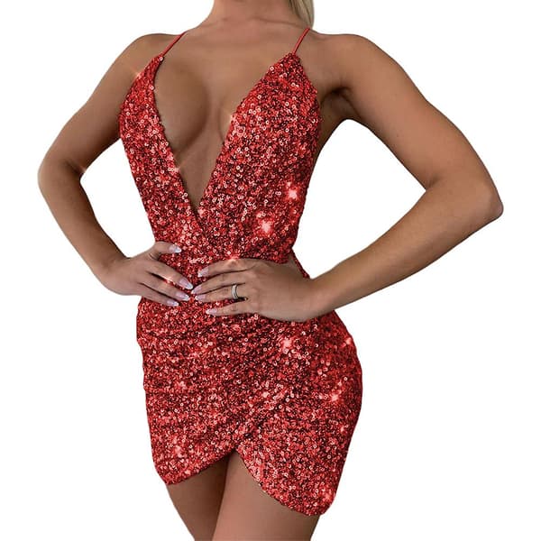 Paljett Cocktailklänning Dam V-ringad Mode Glitter Spaghettiband Bodycon Festklänning