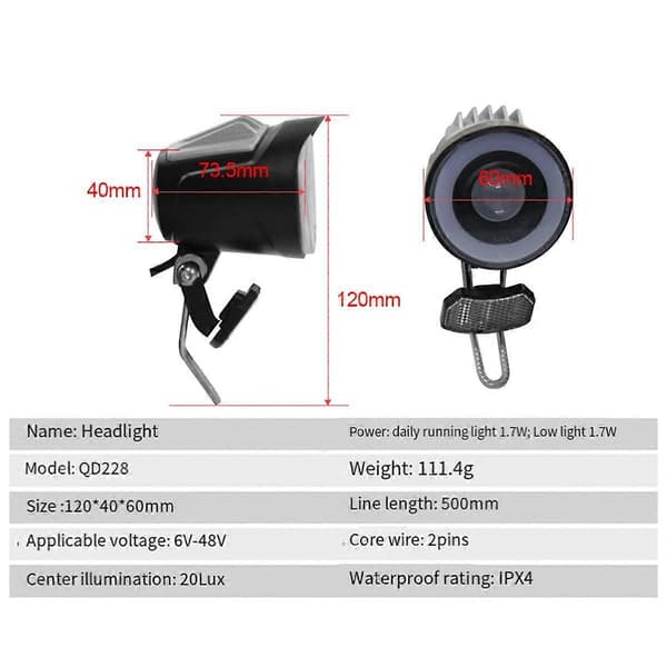 QD228 LED Headlight Electric Bicycle Scooter Waterproof Connector Front Light with Horn Accessory