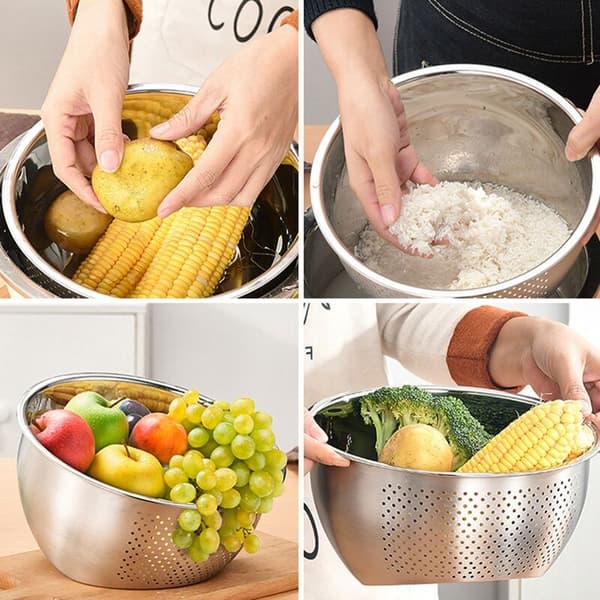 Thicker Stainless Steel Slanted Bottom Drain Basin for Washing Rice and Drain Basket Kitchen