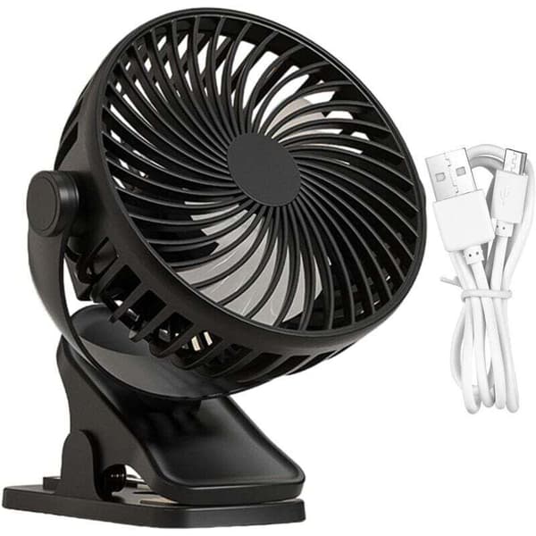 Sort klembar sengelampe. Lille, genopladelig, multifunktionel ventilator til barnevogne, rejser, kontor og soveværelser.