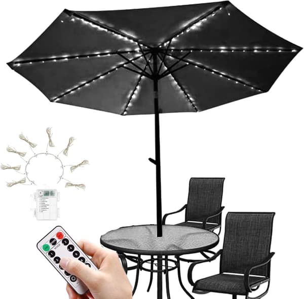 Waterproof 104 LED Battery Operated Umbrella Lights with Remote Control, 8 Lighting Modes (White) [Energy Class A]