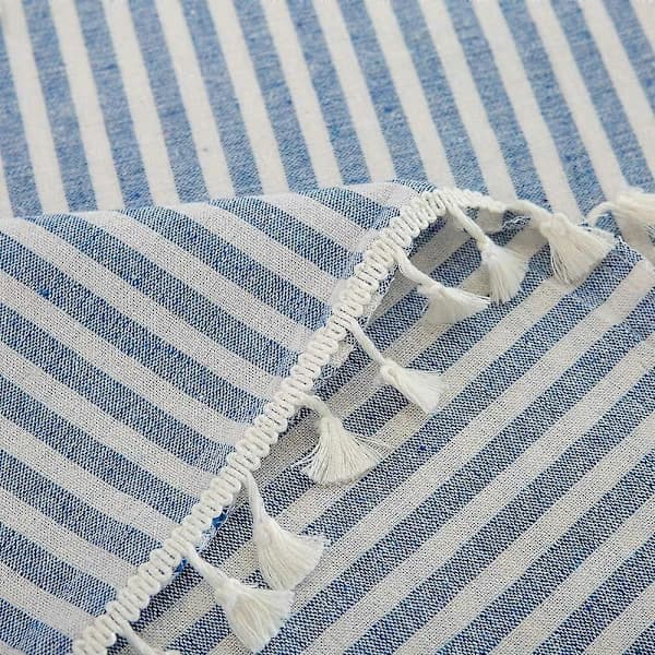 Cotton and Linen Tablecloth with Stripes and Tassels, Rectangular, Dustproof Tablecloth for Kitchen, Dining Table, Table Decoration (140 cm x 180 cm, Blue)
