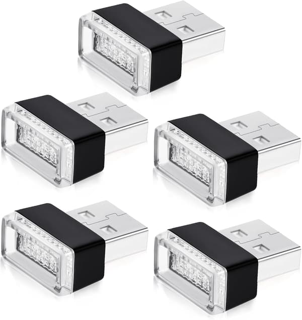 USB-bilbelysning, 5-pakning hvite LED-stemningslys for bil