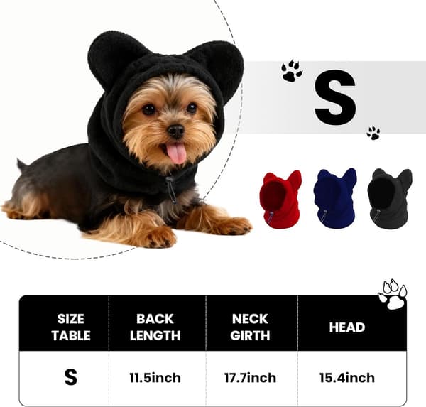 Vinterhætte til hund med ørebeskyttelse, fleecehalsvarmer til hunde, (sort, S)