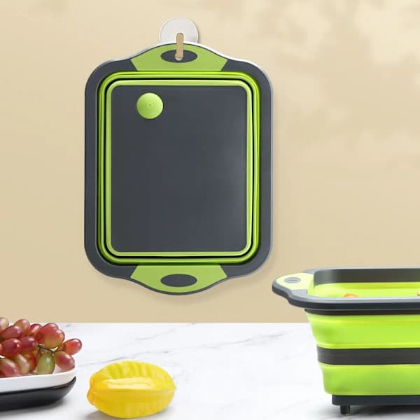 Green Collapsible Cutting Board with Colander, Foldable Silicone Sink, Strainer for Storage, Draining & Washing Vegetables Fruit Pasta