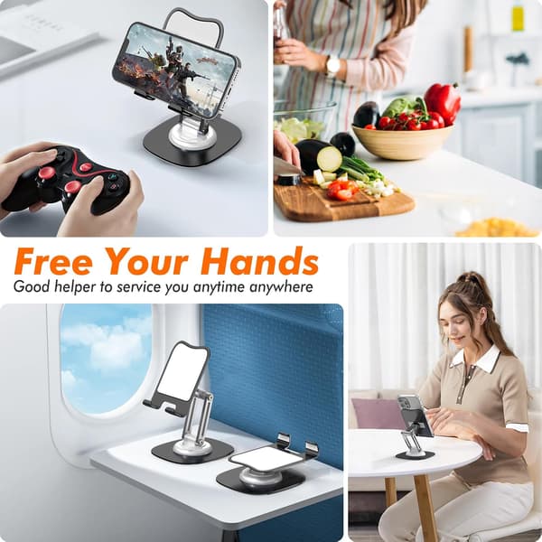 Phone Desk Stand with 360 Degree Rotating Metal Base, Foldable Portable Stand, Compatible with